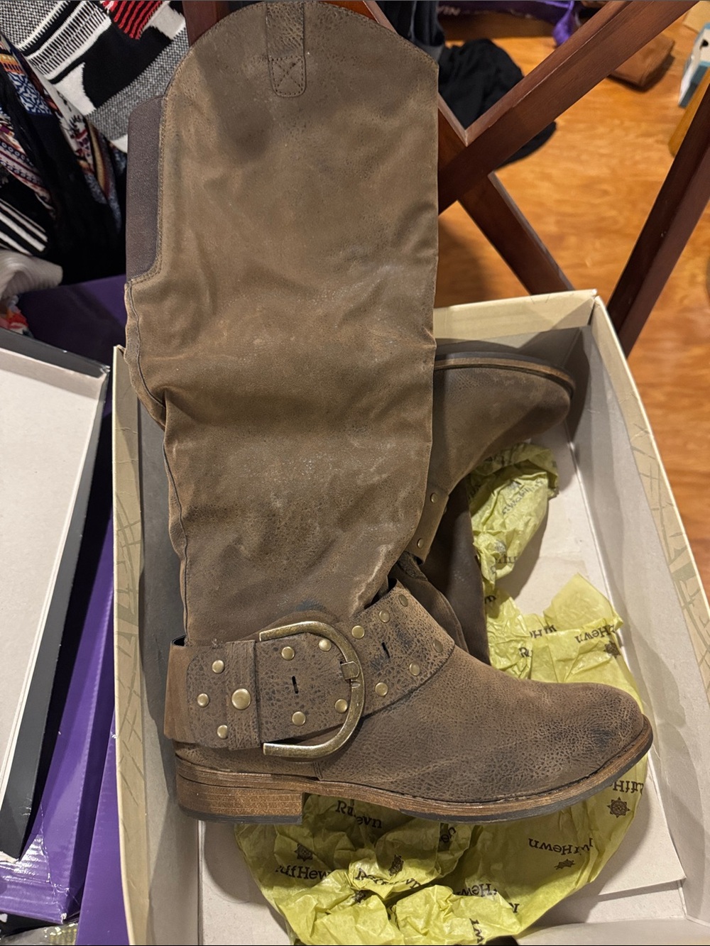 Ruff Hewn Brown Distressed Leather Mid-Calf Heeled Boots